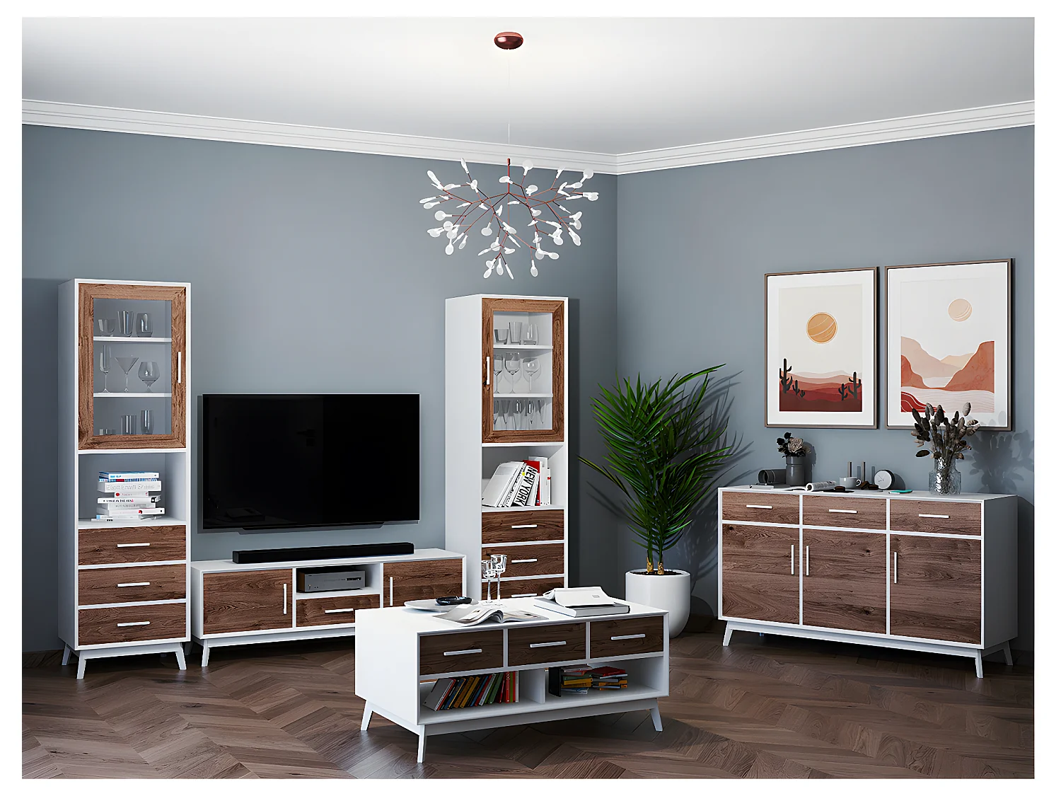 Bahut bas 3 portes 3 tiroirs Nostalgie - Blanc et bois