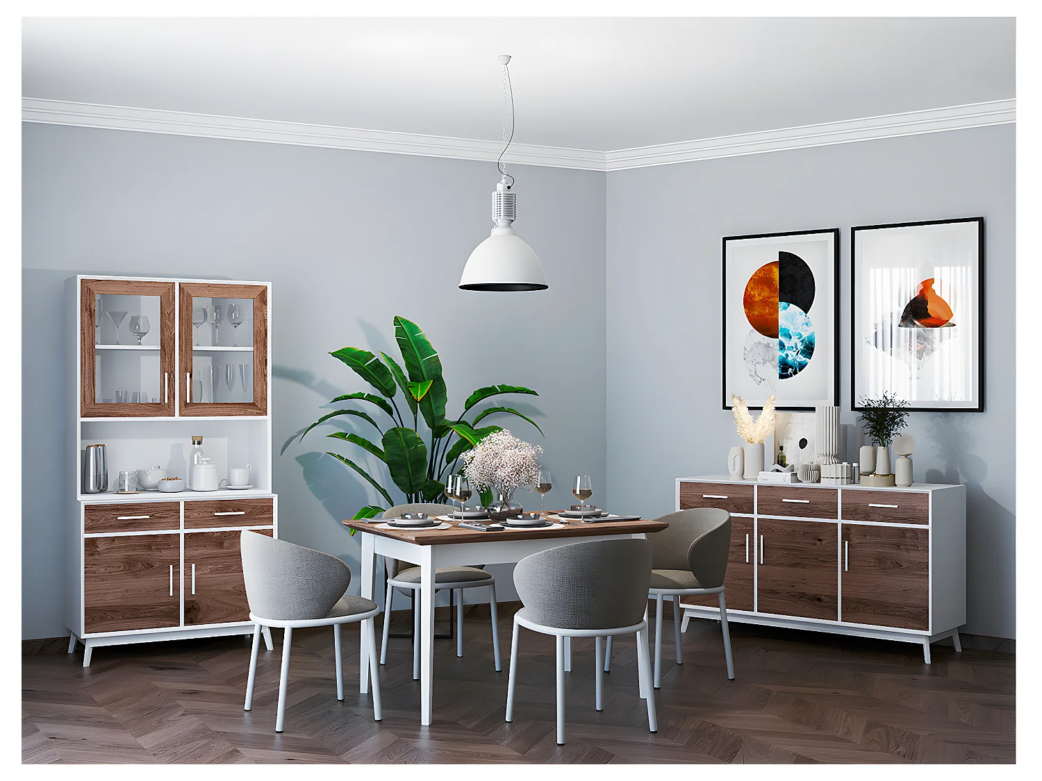 Bahut bas 3 portes 3 tiroirs Nostalgie - Blanc et bois