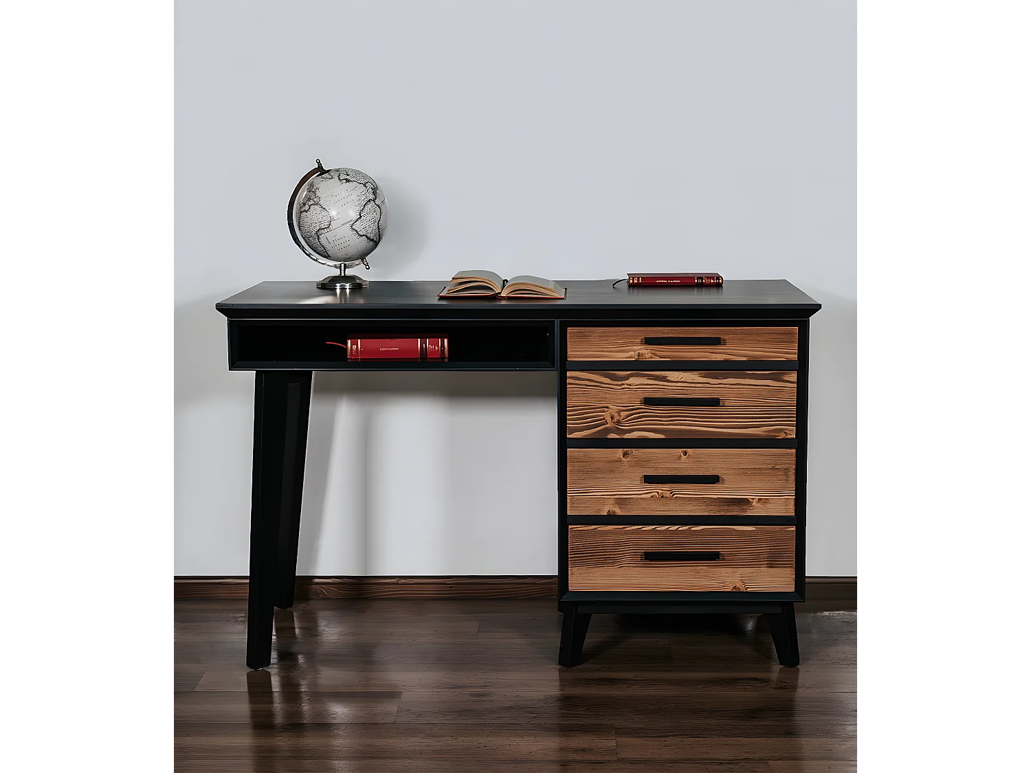 Bureau 4 tiroirs Nostalgie - Noir et bois