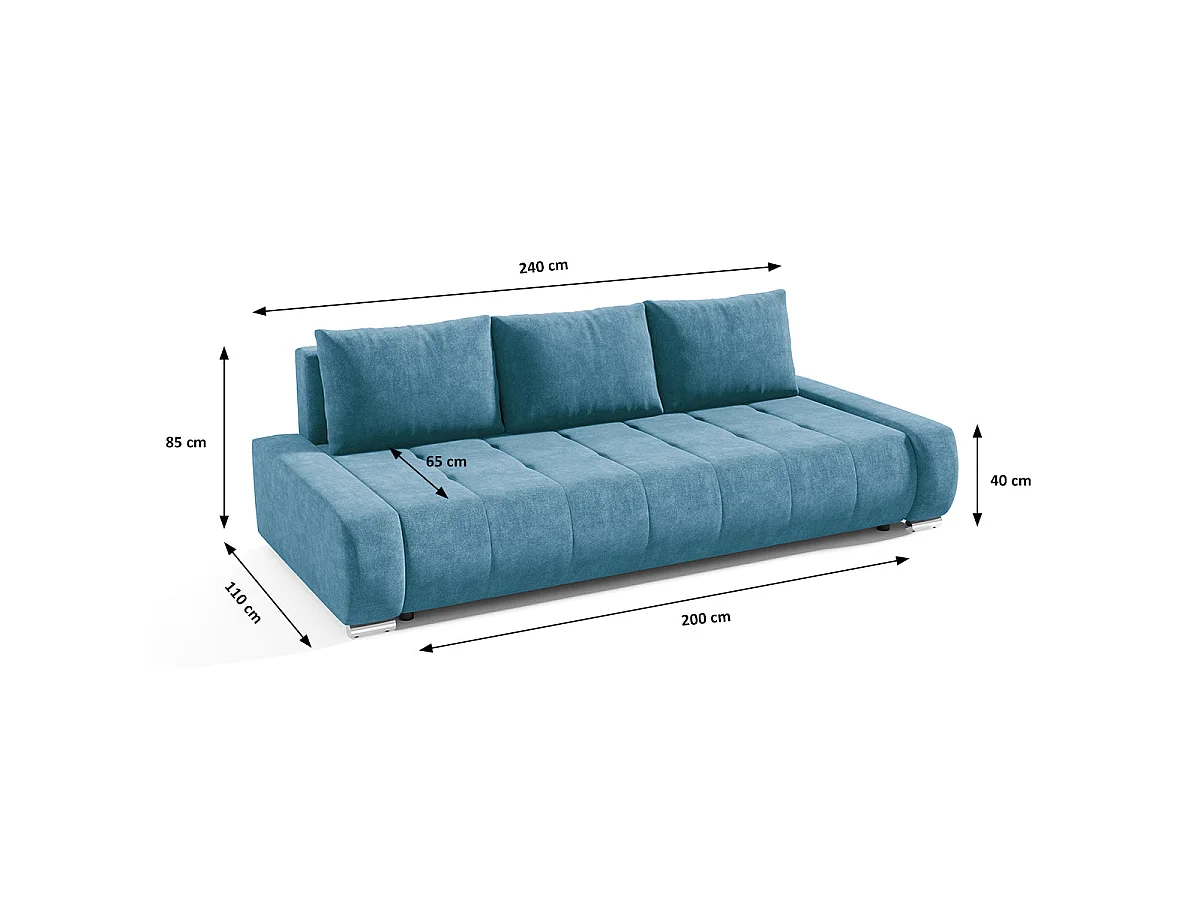 Canapé convertible 3 places avec coffre en tissu bleu JONAS
