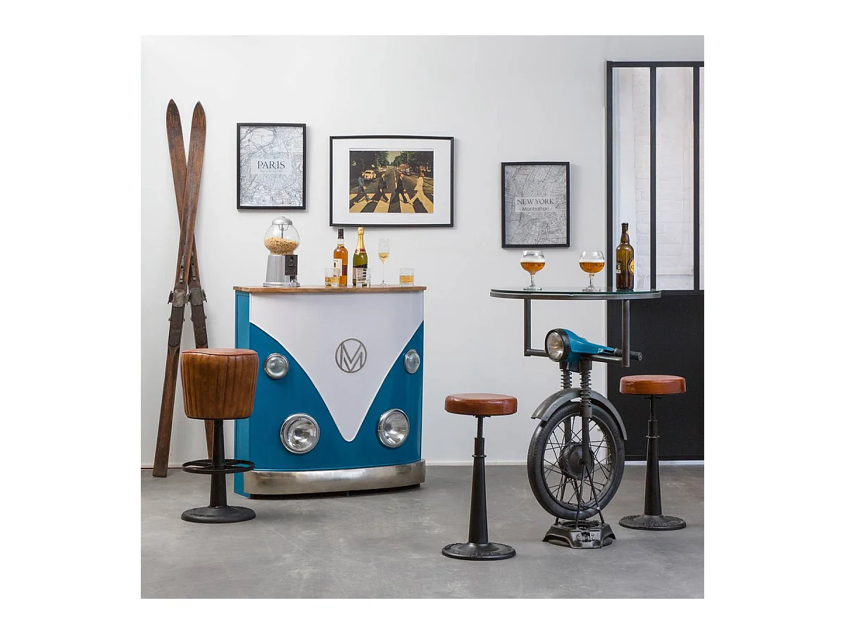 Mueble bar vintage azul con tablero de madera de mango y almacenamiento