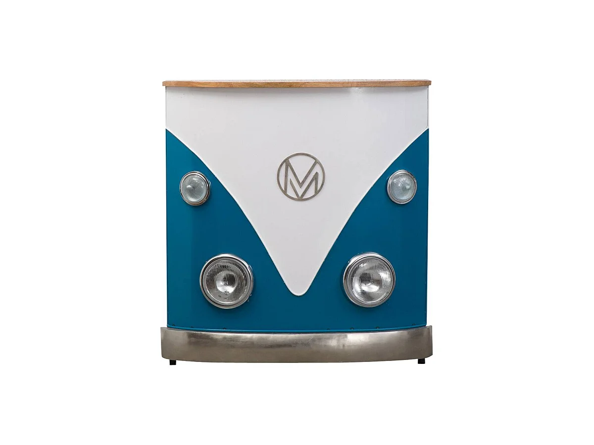 Mueble bar vintage azul con tablero de madera de mango y almacenamiento