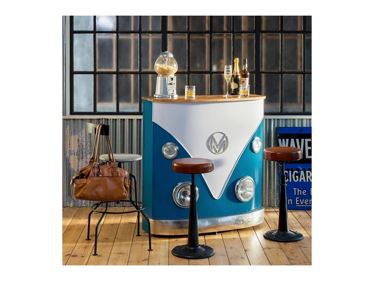 Mueble bar vintage azul con tablero de madera de mango y almacenamiento