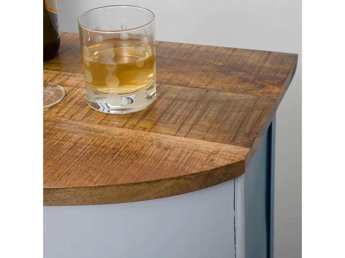 Mueble bar vintage azul con tablero de madera de mango y almacenamiento