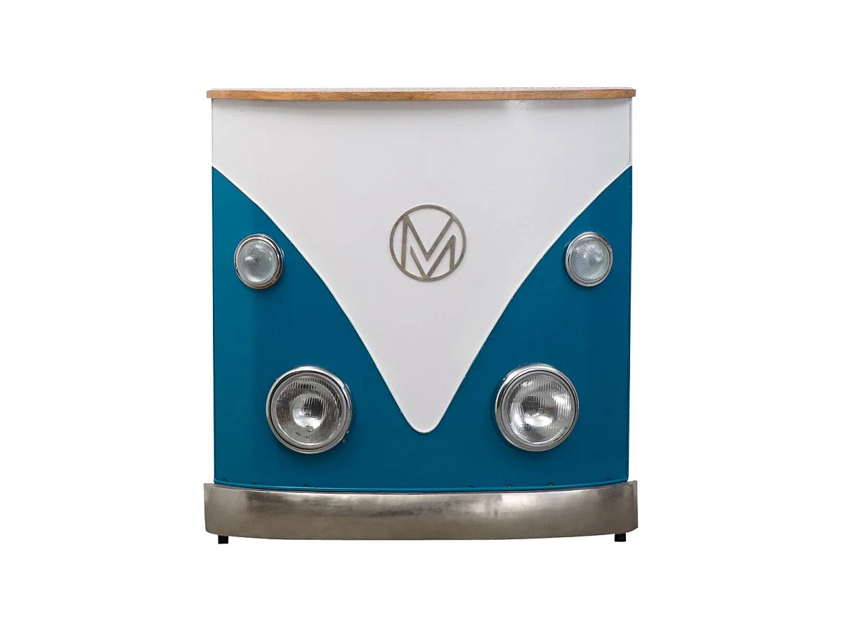 Mueble bar vintage azul con tablero de madera de mango y almacenamiento