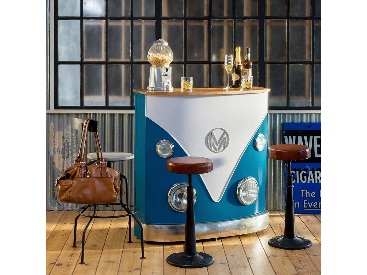 Mueble bar vintage azul con tablero de madera de mango y almacenamiento