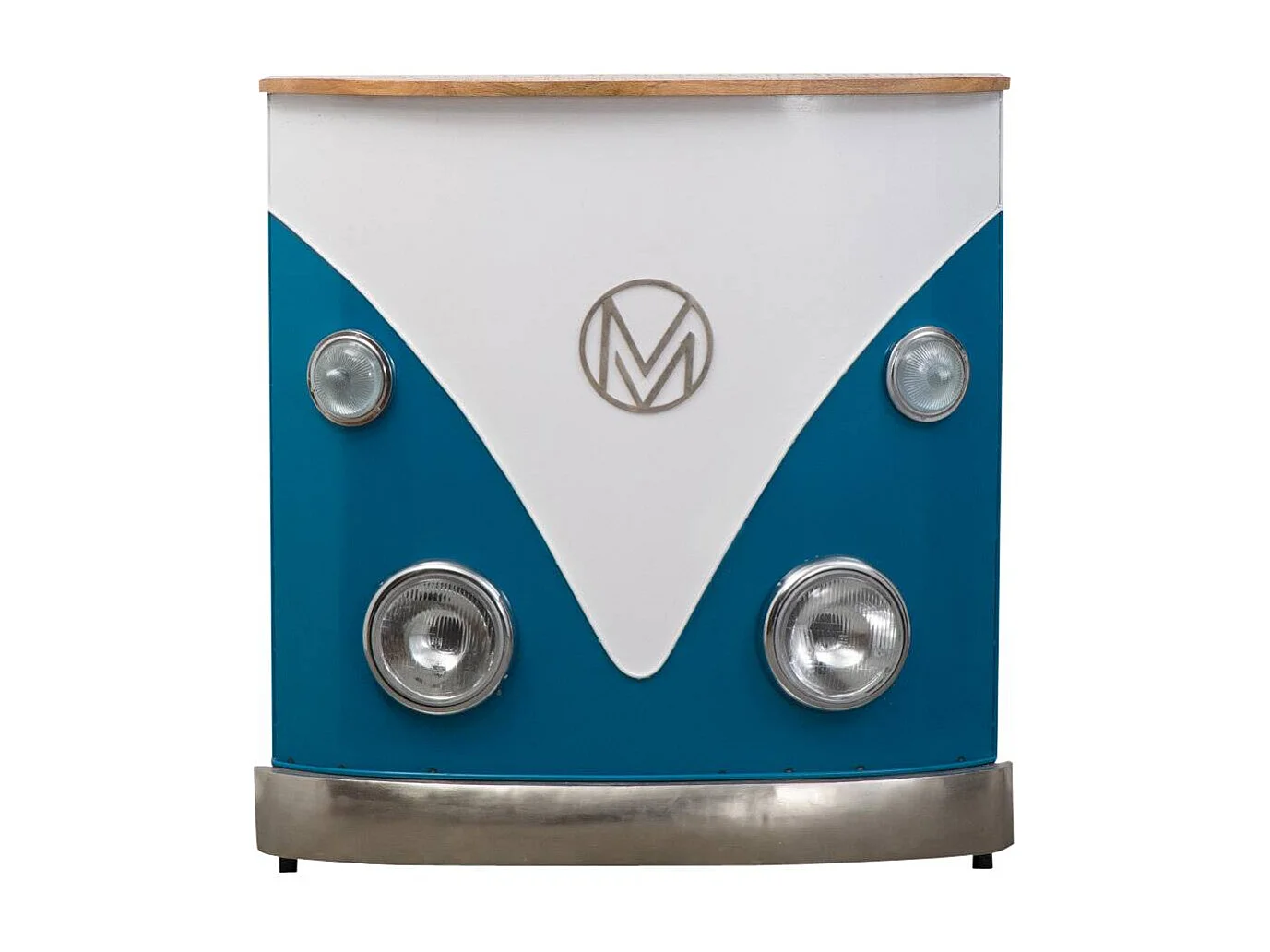 Mueble bar vintage azul con tablero de madera de mango y almacenamiento