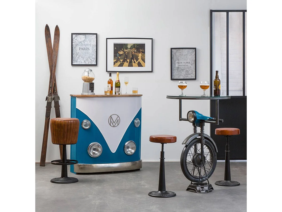 Mueble bar vintage azul con tablero de madera de mango y almacenamiento