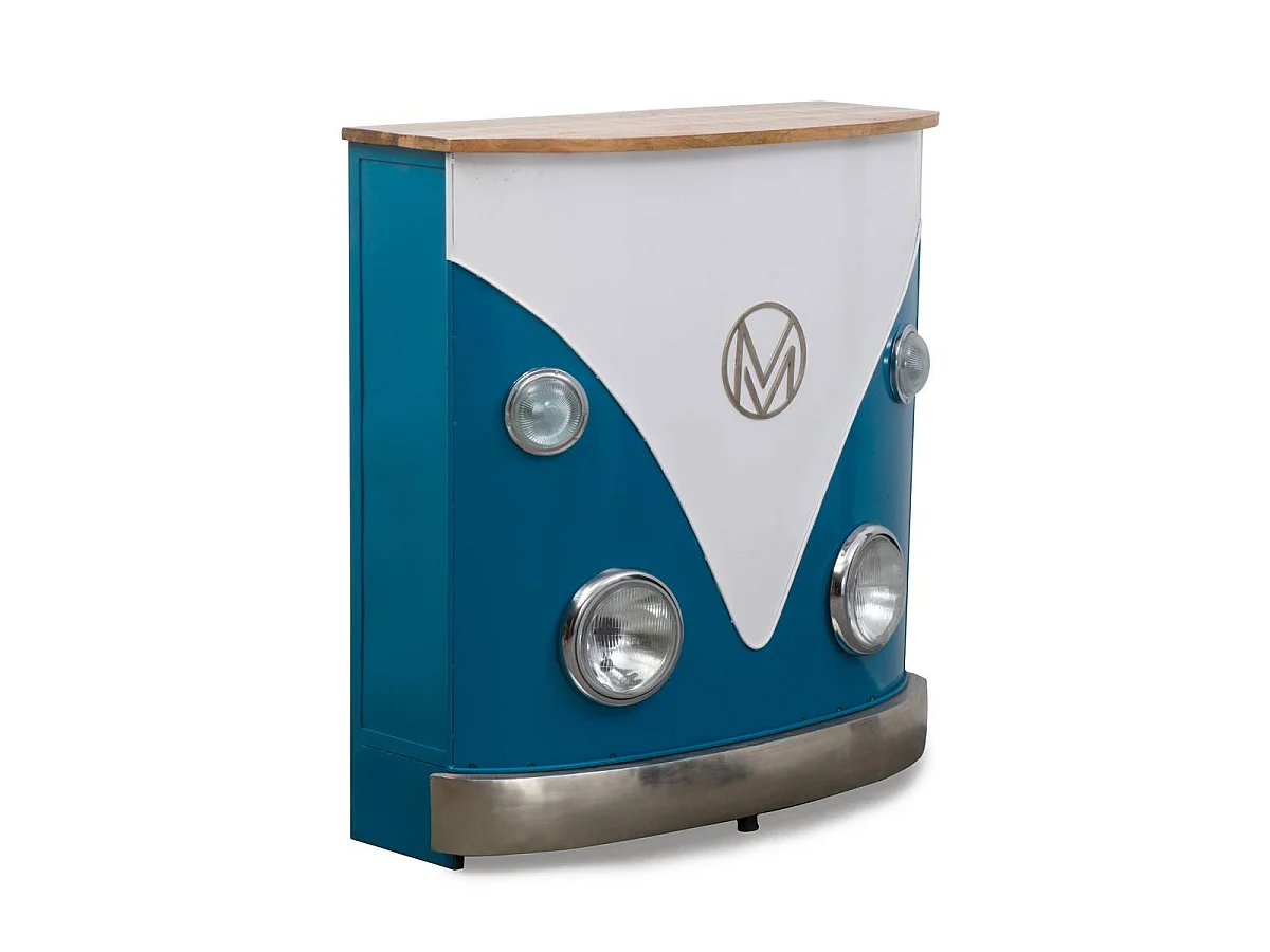 Mueble bar vintage azul con tablero de madera de mango y almacenamiento