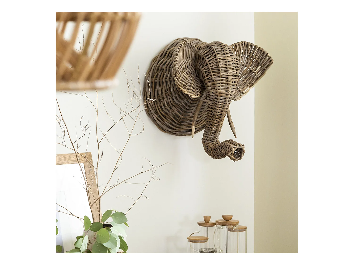Decoración mural elefante en ratán Rattan - Accesorio de decoración artesanal para todos los estilos de hogar