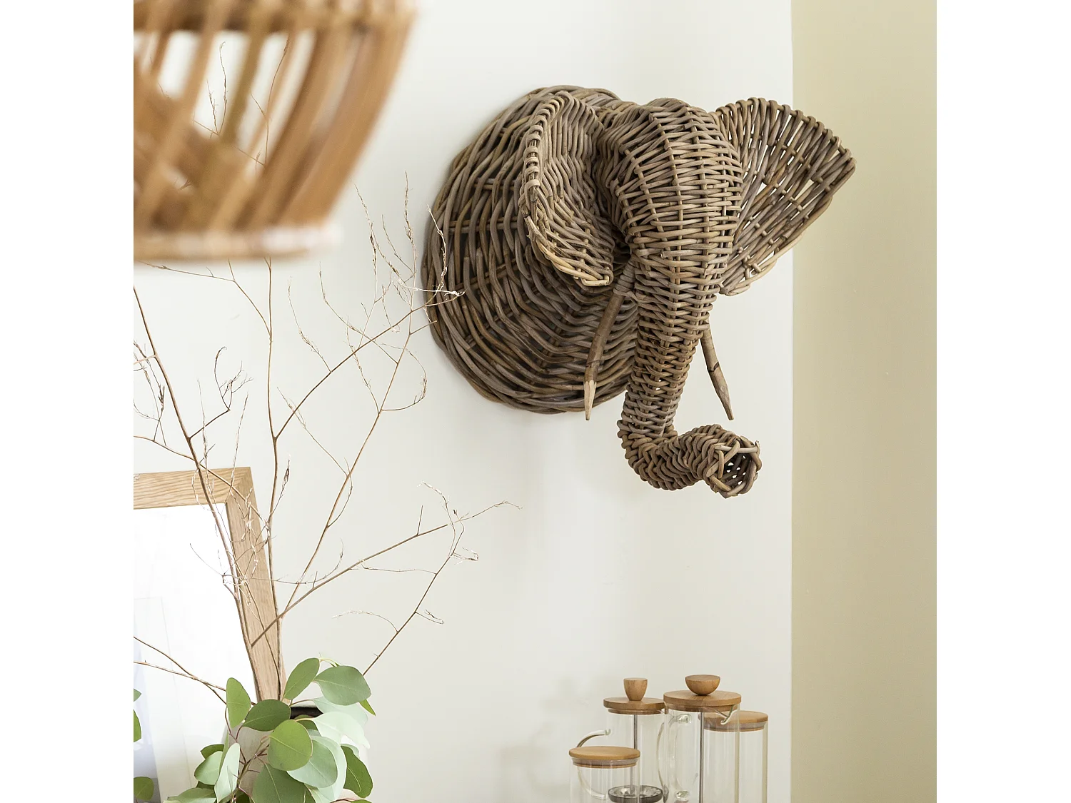 Decoración mural elefante en ratán Rattan - Accesorio de decoración artesanal para todos los estilos de hogar