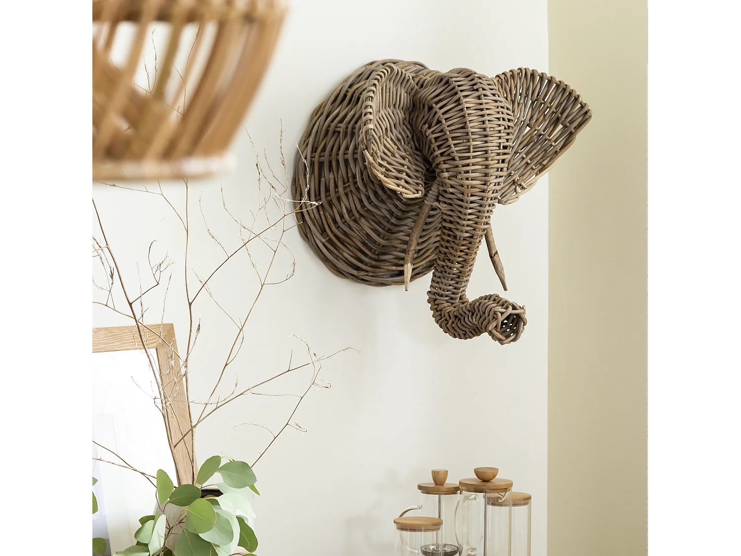 Decoración mural elefante en ratán Rattan - Accesorio de decoración artesanal para todos los estilos de hogar