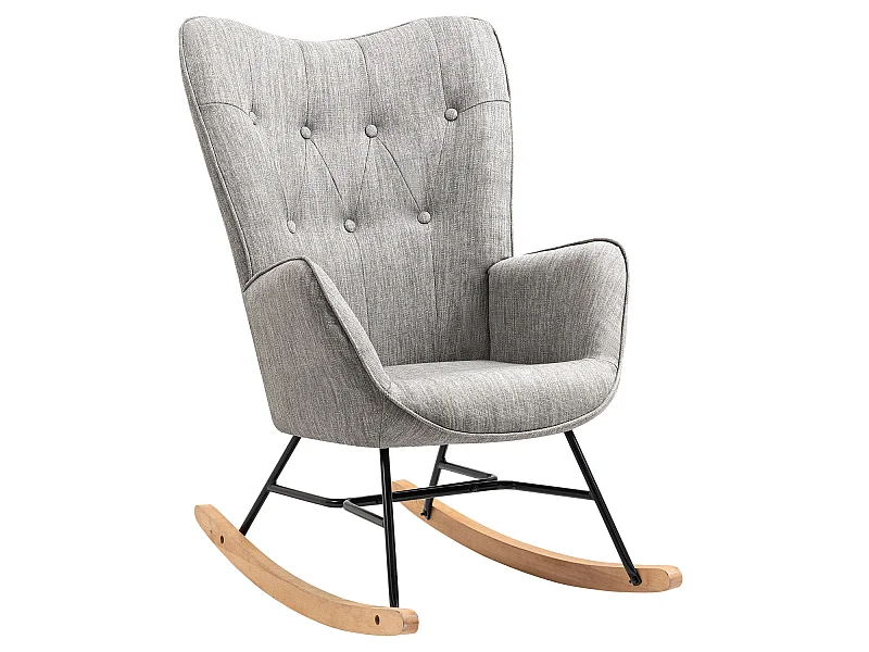 Fauteuil à bascule - Style Scandinave - Tissu gris clair - Pieds en véritable bois de hêtre