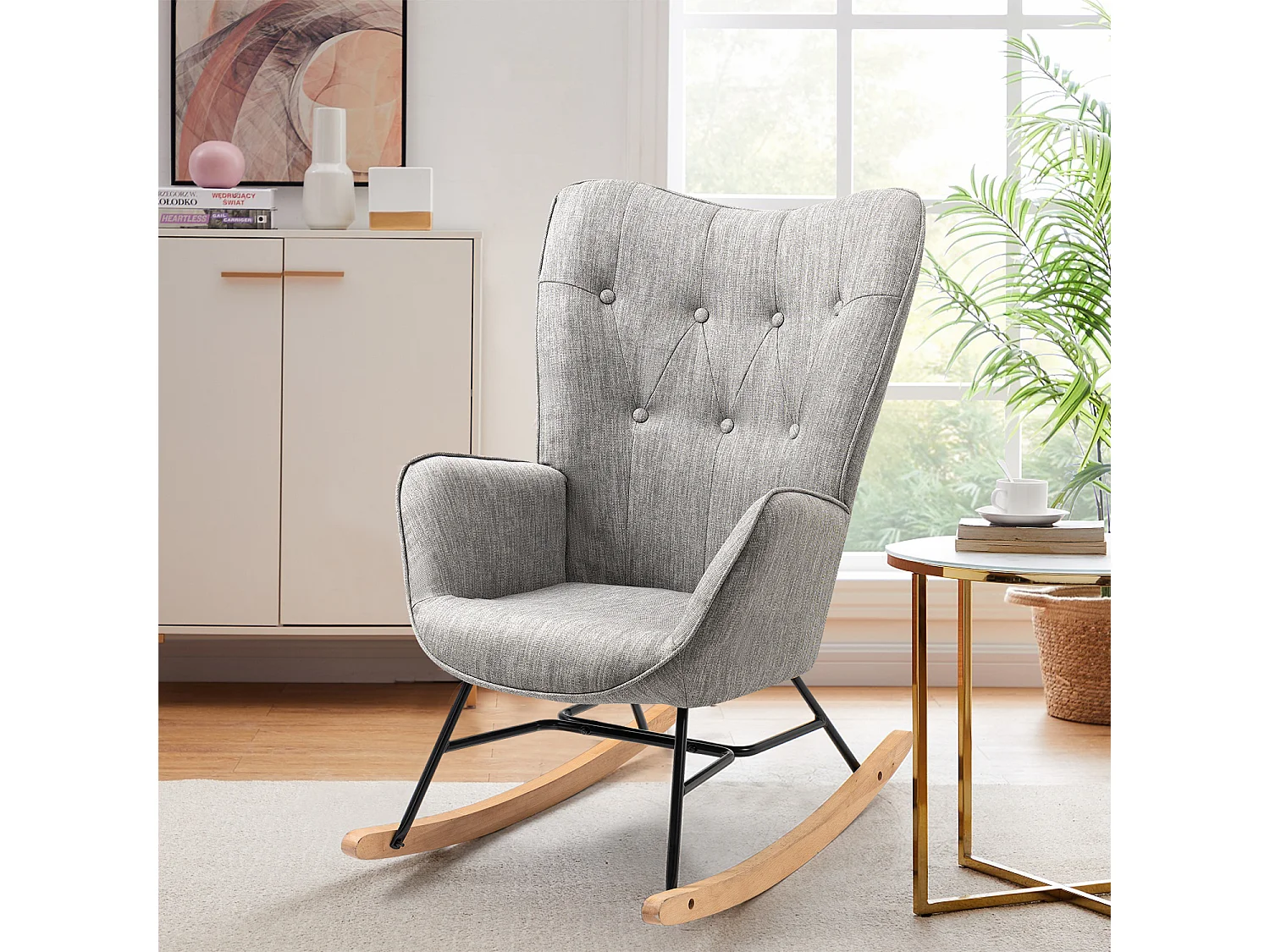Fauteuil à bascule - Style Scandinave - Tissu gris clair - Pieds en véritable bois de hêtre