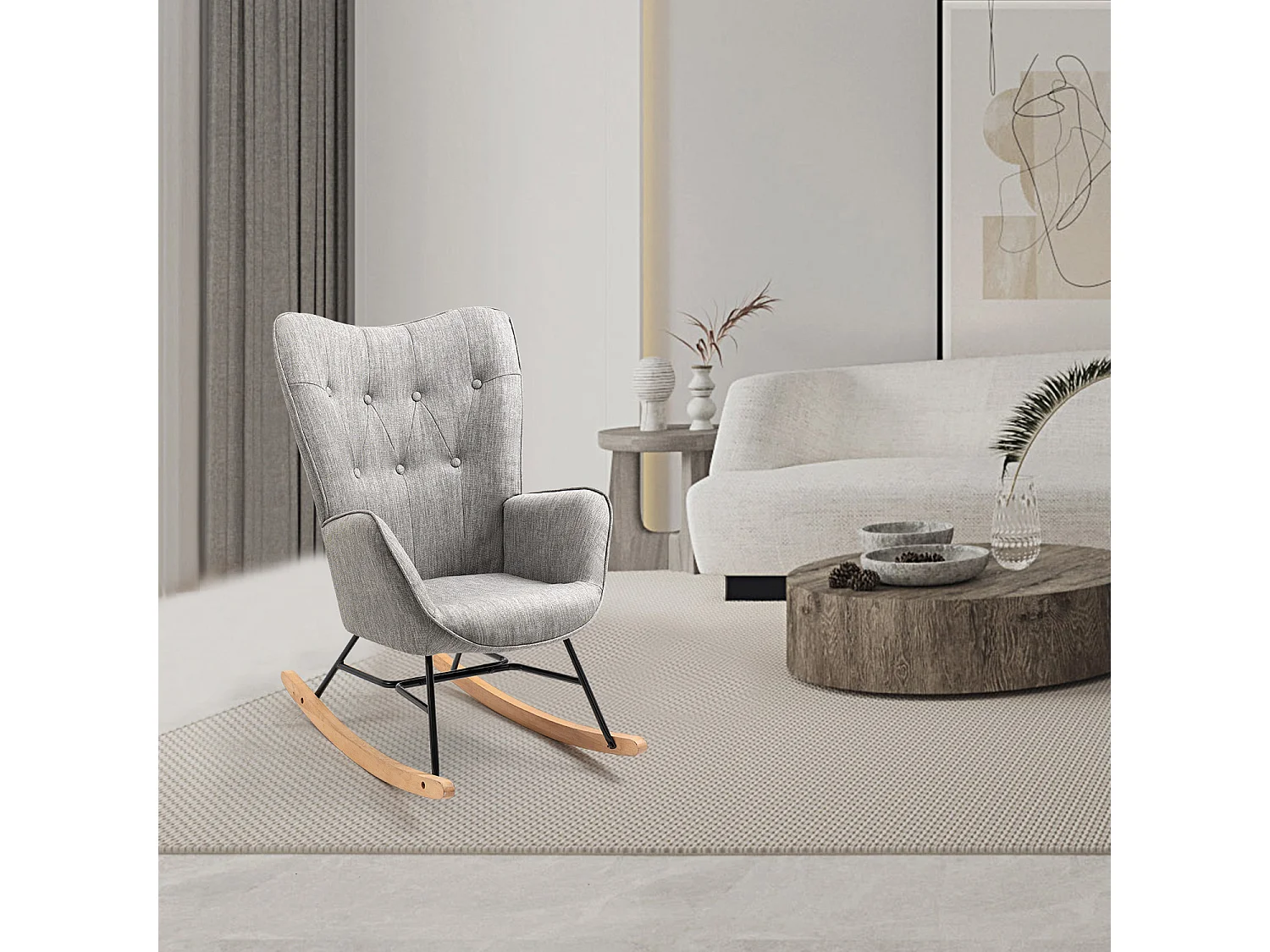Fauteuil à bascule - Style Scandinave - Tissu gris clair - Pieds en véritable bois de hêtre