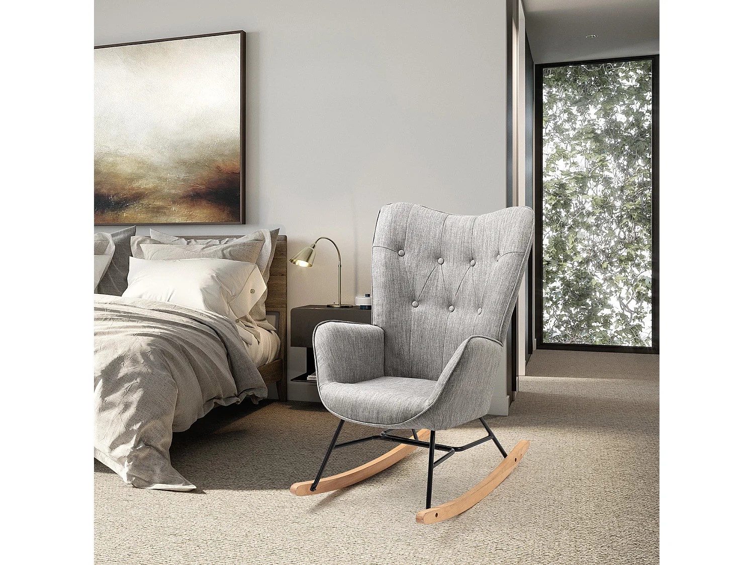 Fauteuil à bascule - Style Scandinave - Tissu gris clair - Pieds en véritable bois de hêtre