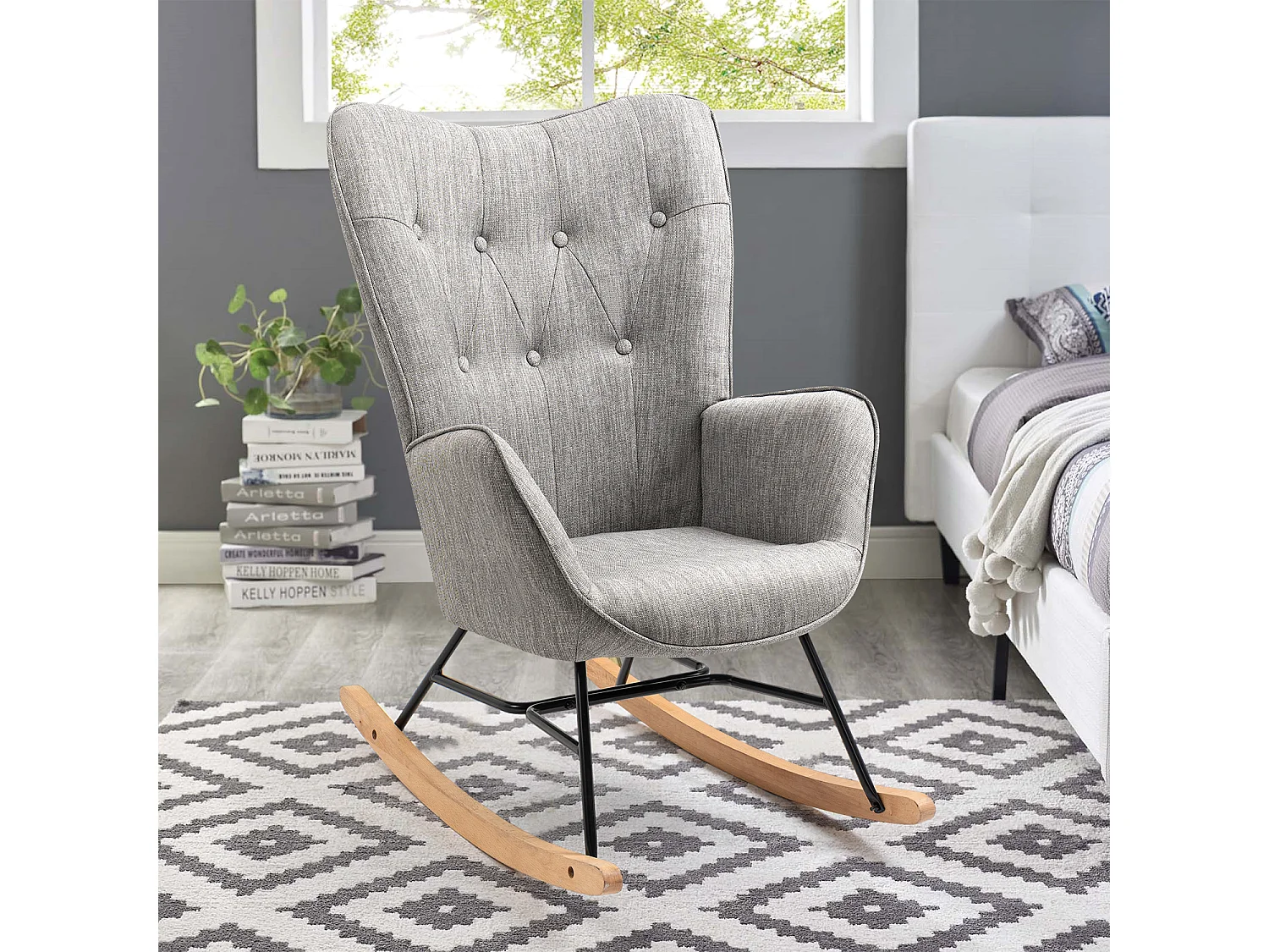 Fauteuil à bascule - Style Scandinave - Tissu gris clair - Pieds en véritable bois de hêtre