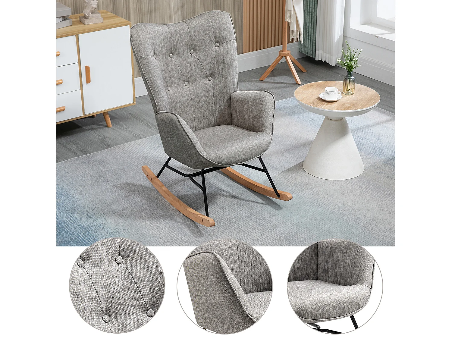 Fauteuil à bascule - Style Scandinave - Tissu gris clair - Pieds en véritable bois de hêtre