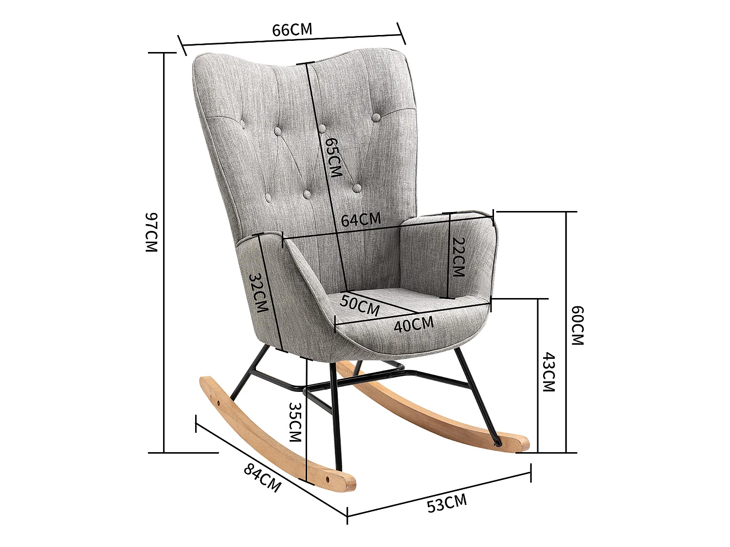 Fauteuil à bascule - Style Scandinave - Tissu gris clair - Pieds en véritable bois de hêtre