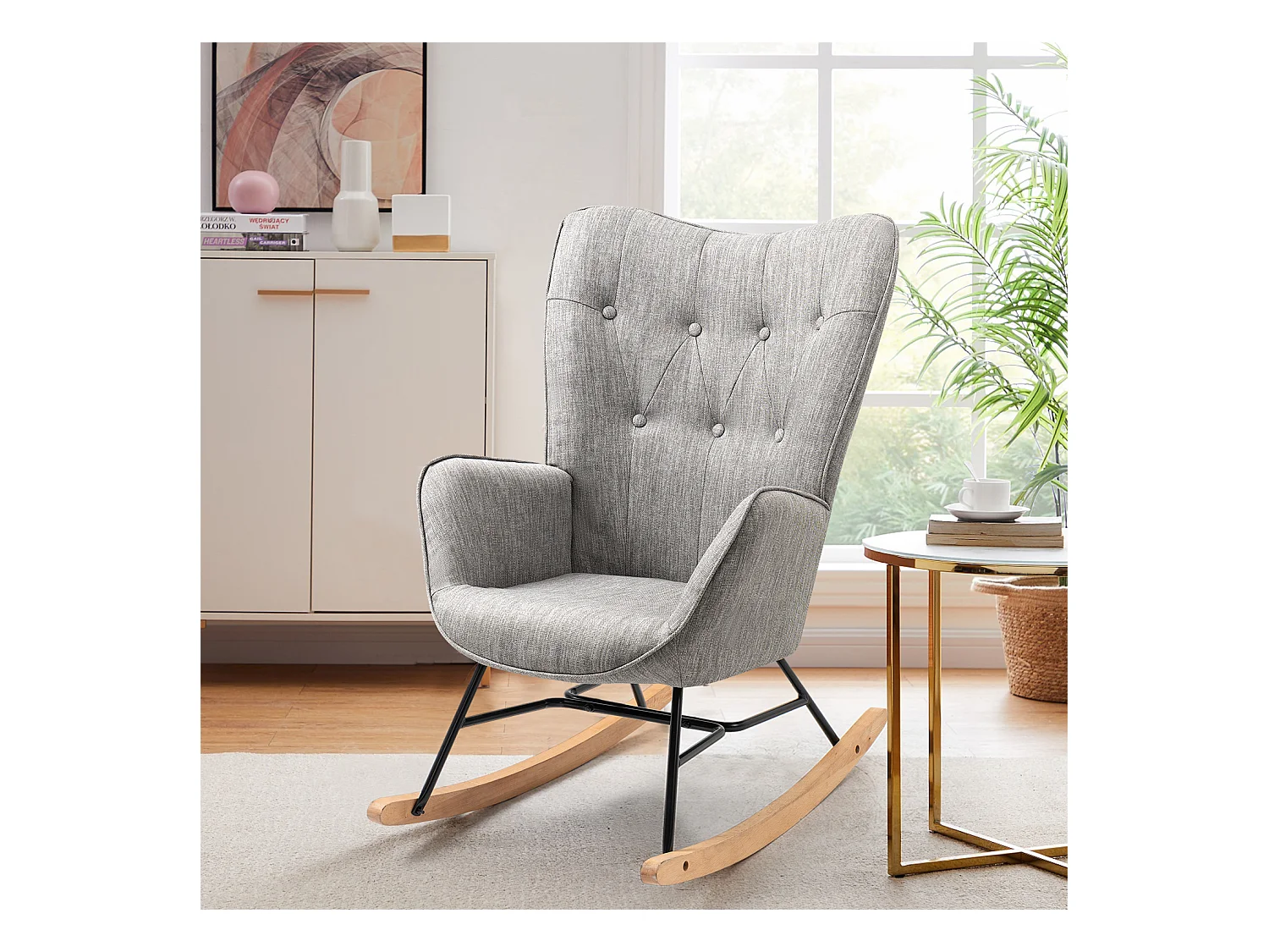 Fauteuil à bascule - Style Scandinave - Tissu gris clair - Pieds en véritable bois de hêtre