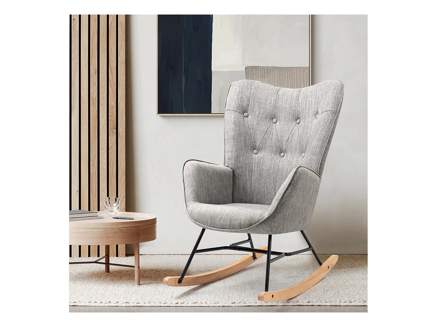 Fauteuil à bascule - Style Scandinave - Tissu gris clair - Pieds en véritable bois de hêtre
