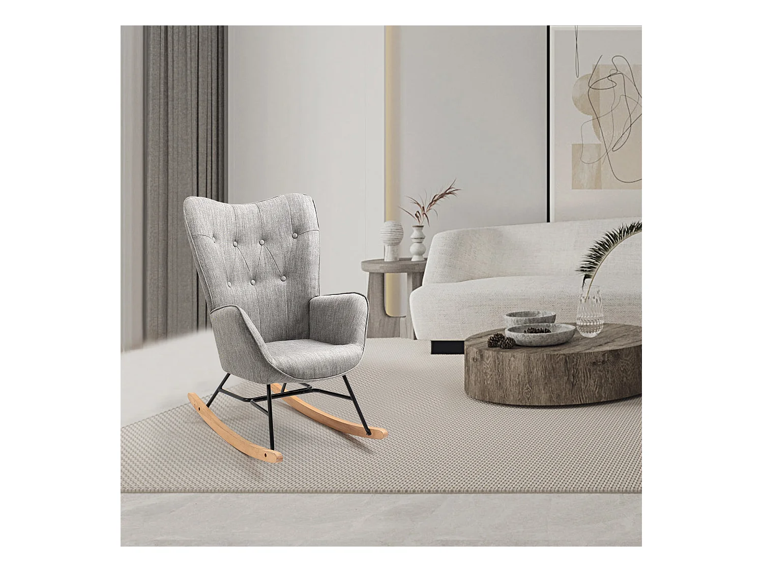 Fauteuil à bascule - Style Scandinave - Tissu gris clair - Pieds en véritable bois de hêtre