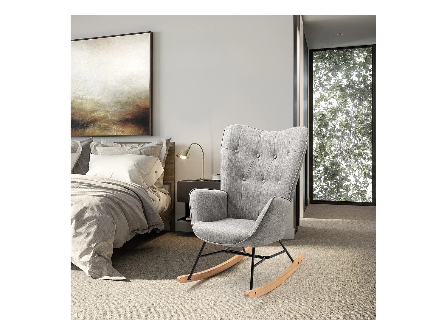Fauteuil à bascule - Style Scandinave - Tissu gris clair - Pieds en véritable bois de hêtre