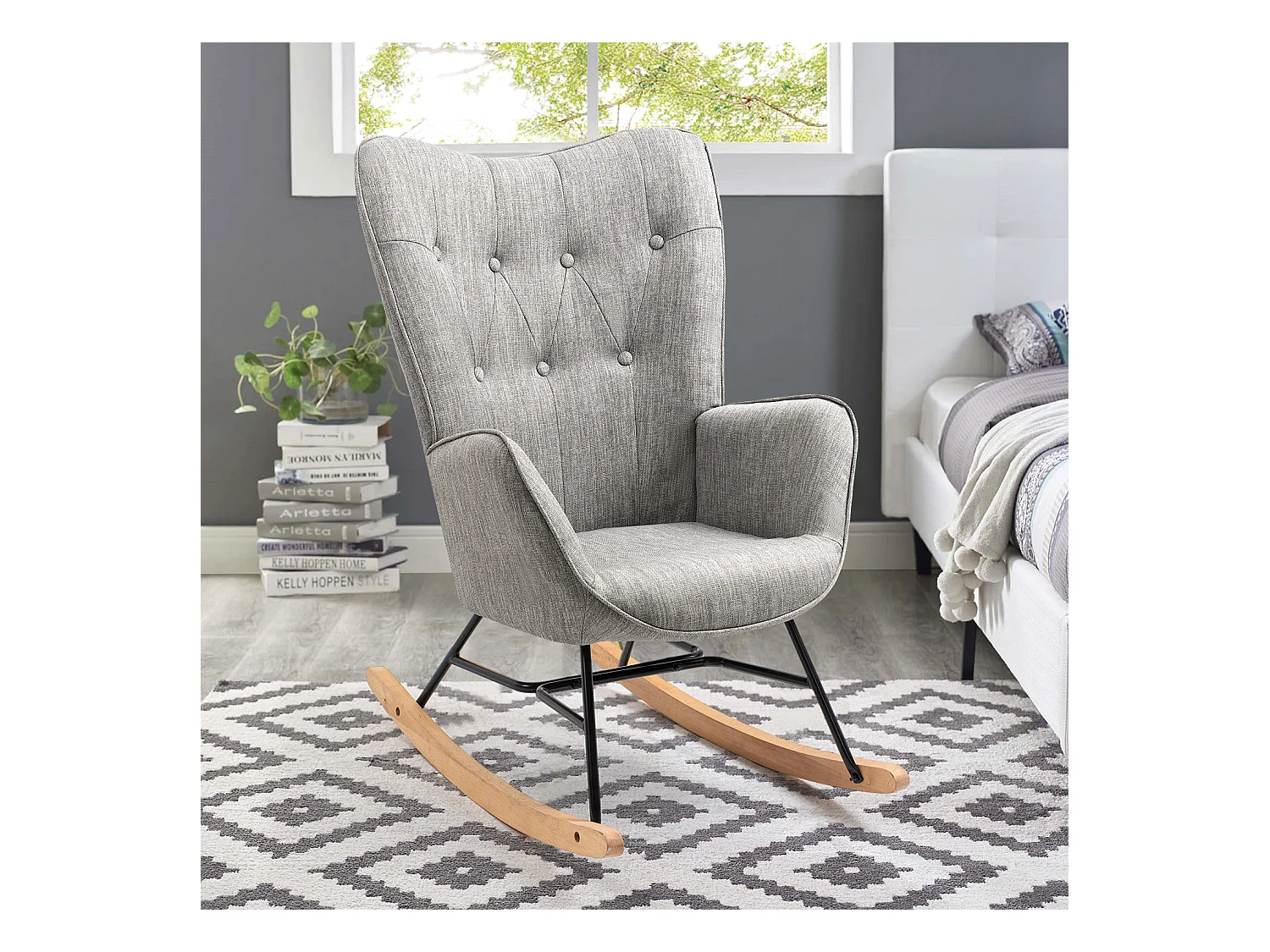 Fauteuil à bascule - Style Scandinave - Tissu gris clair - Pieds en véritable bois de hêtre