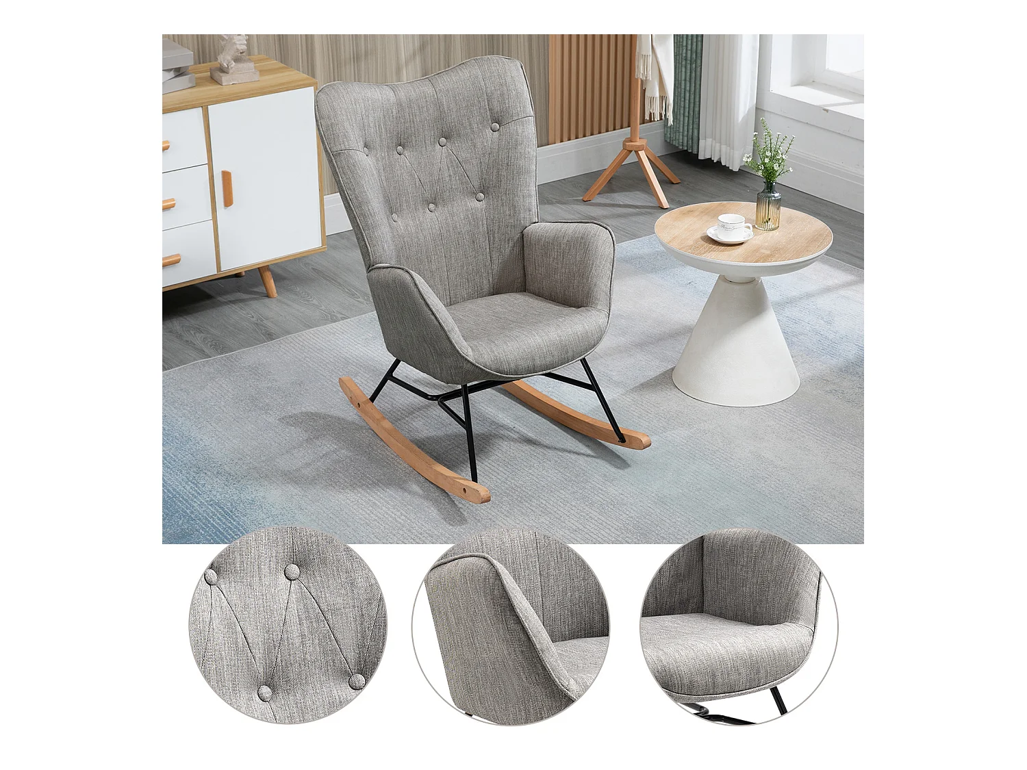 Fauteuil à bascule - Style Scandinave - Tissu gris clair - Pieds en véritable bois de hêtre