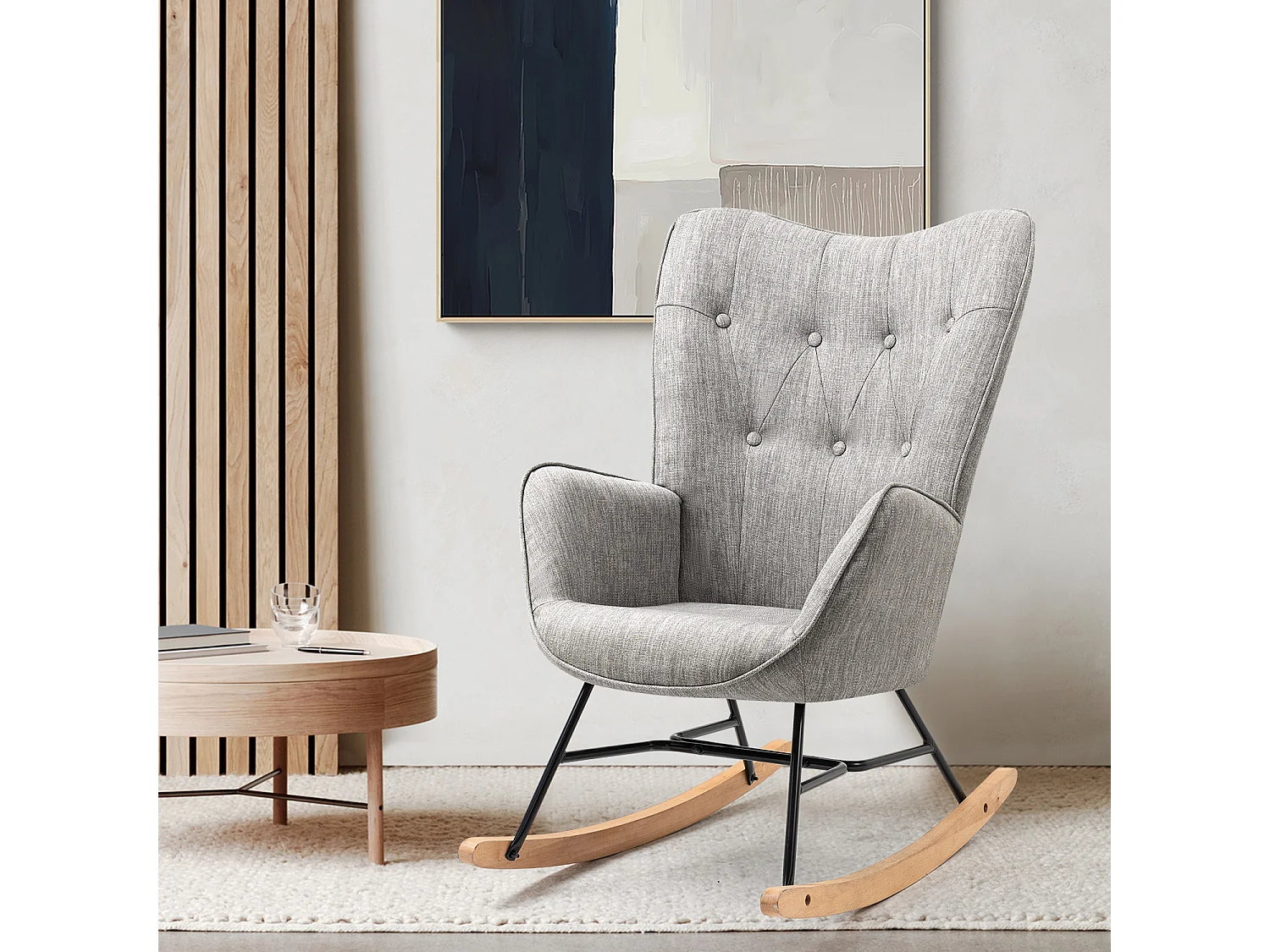 Fauteuil à bascule - Style Scandinave - Tissu gris clair - Pieds en véritable bois de hêtre