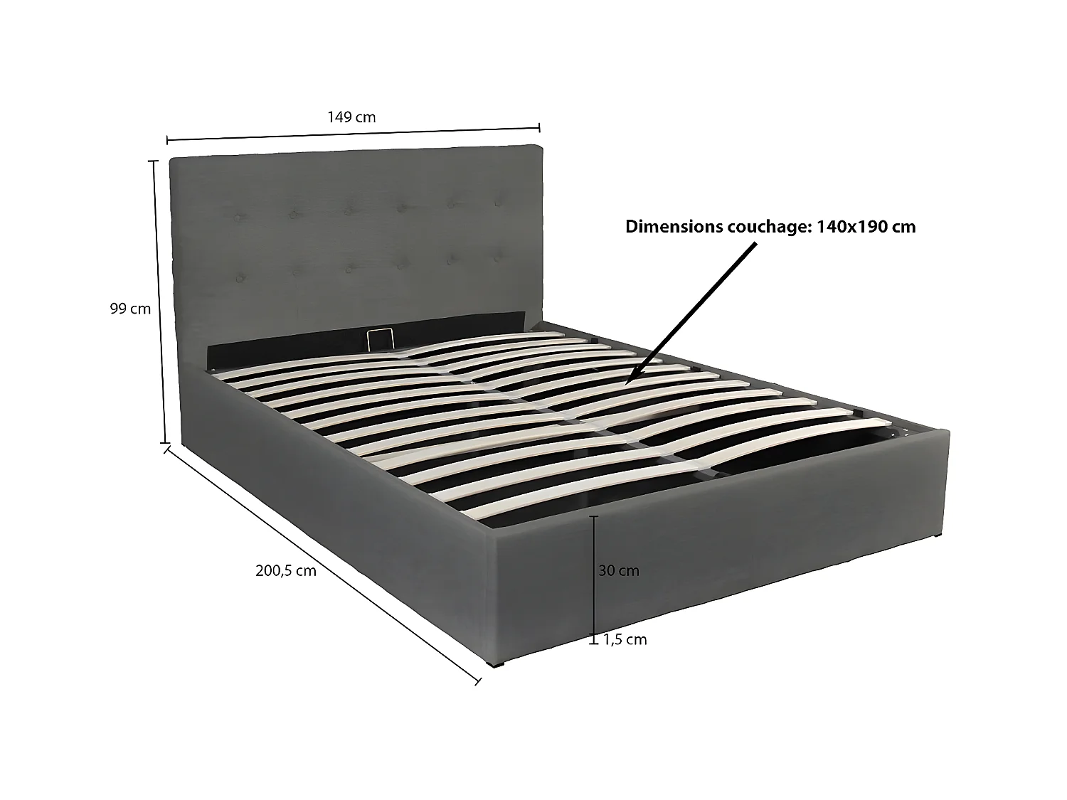 Lit coffre PARMA 140x190 + 1 sommier / Gris foncé