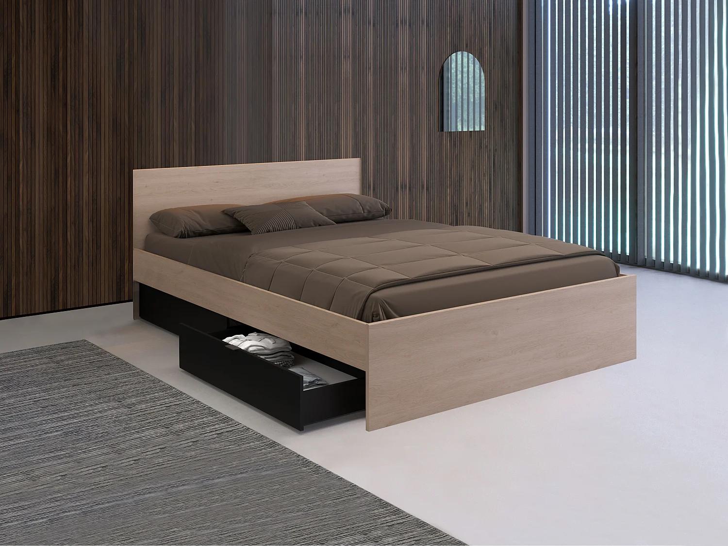 Lit avec 2 tiroirs 160 x 200 cm - Coloris : Naturel et noir + sommier - VELONA