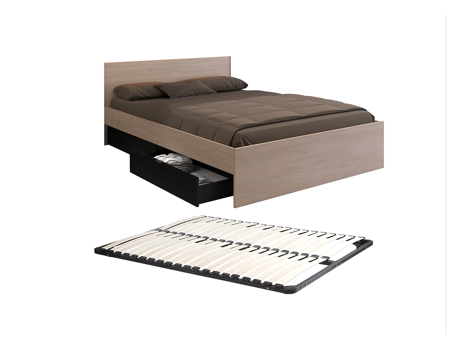 Bett mit 2 Schubladen + Lattenrost - 160 x 200 cm - Naturfarben & Schwarz - VELONA
