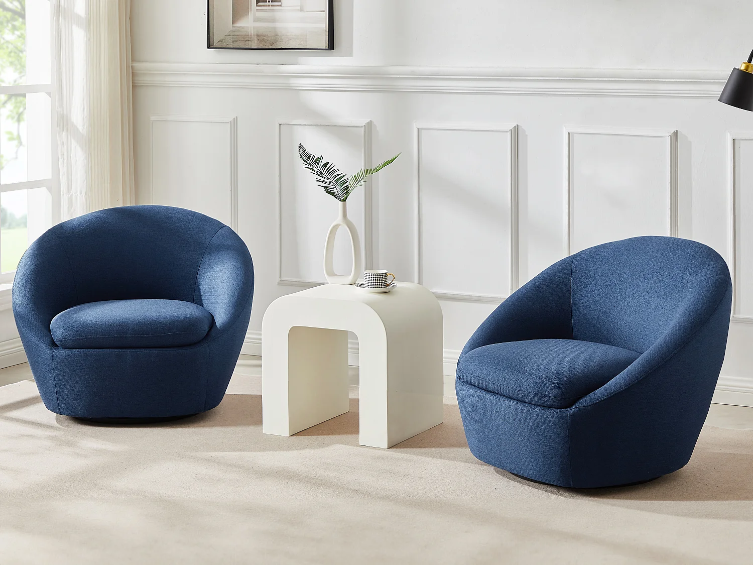 Fauteuil pivotant arrondi en tissu bleu LACARA II