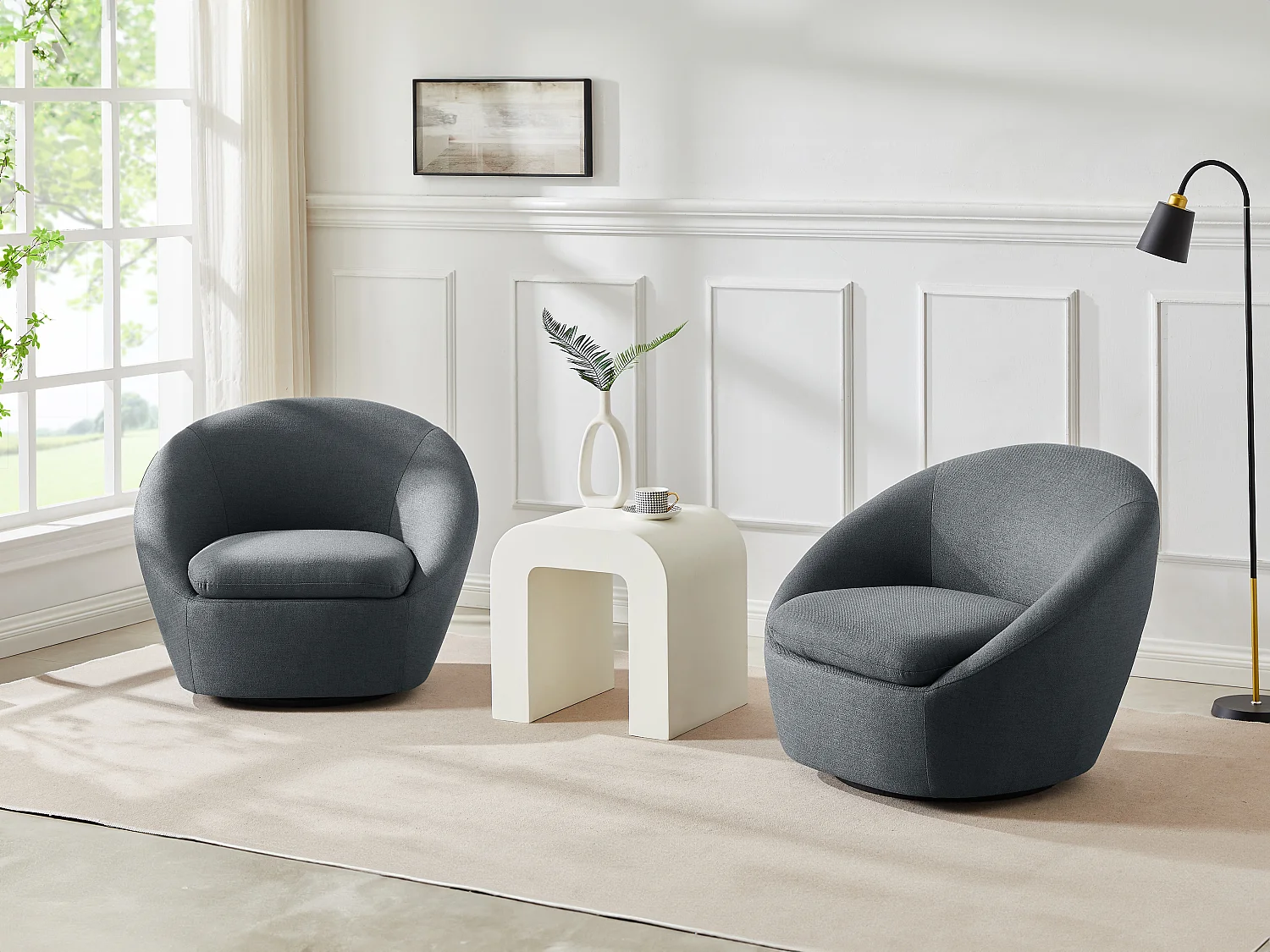 Fauteuil pivotant arrondi en tissu gris LACARA II
