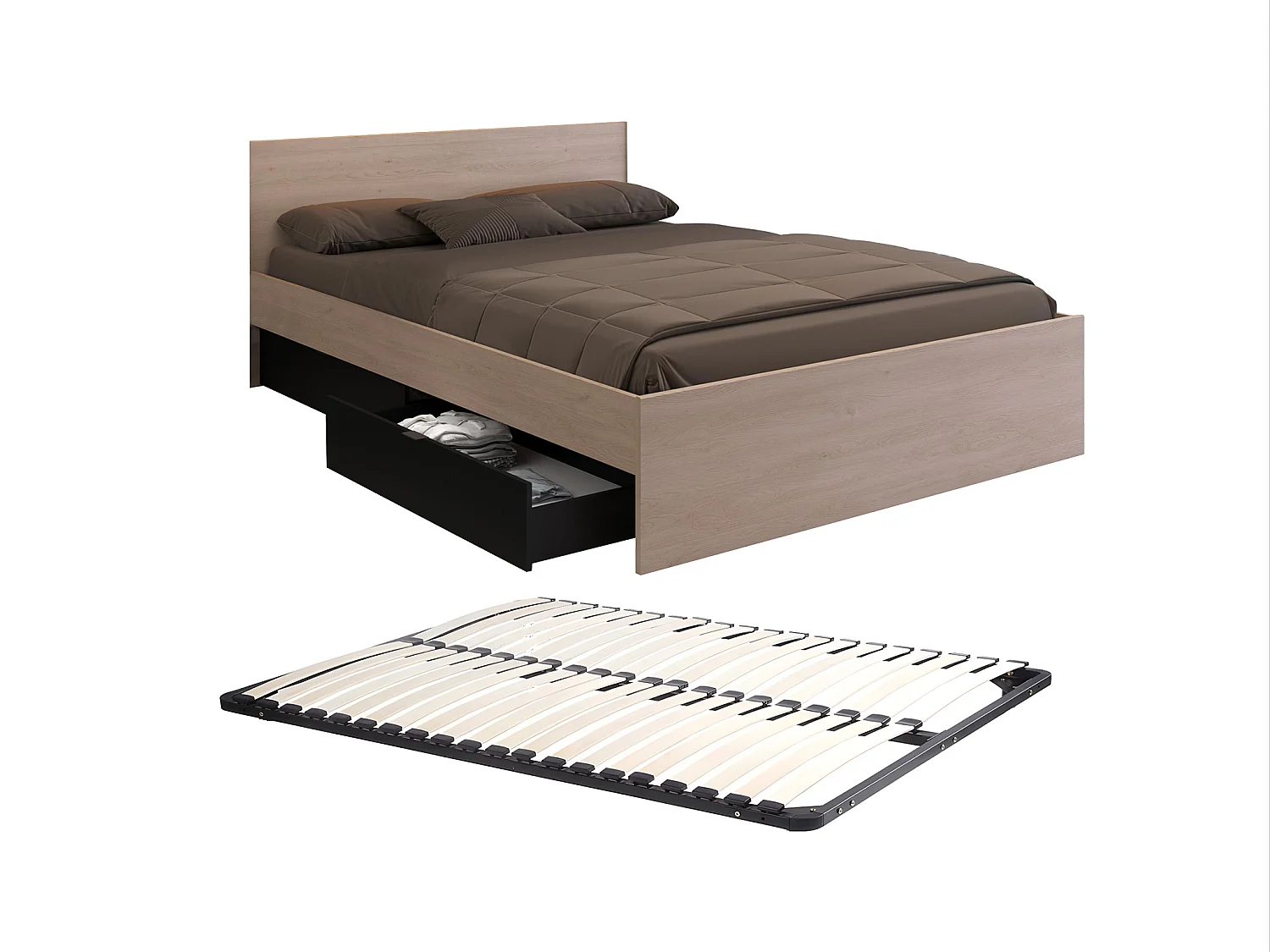 Letto con 2 cassetti 140 x 190 cm Naturale e Nero + Rete + - VELONA