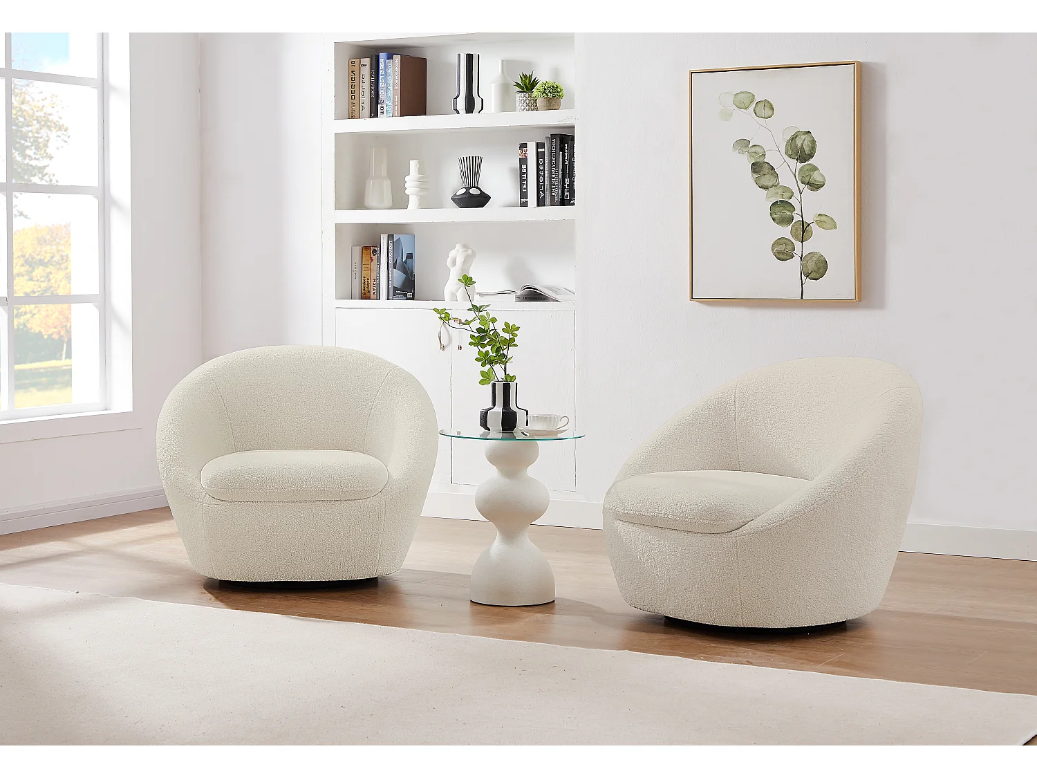 Fauteuil pivotant arrondi en tissu bouclette blanc LACARA
