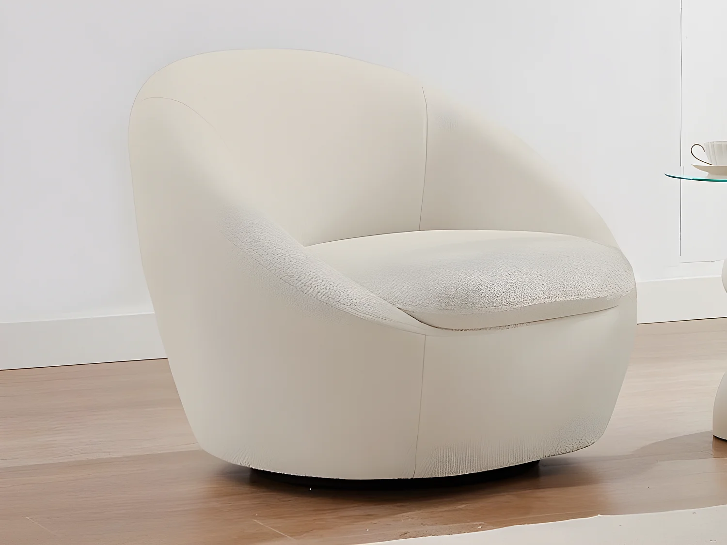 Fauteuil pivotant arrondi en tissu bouclette blanc LACARA