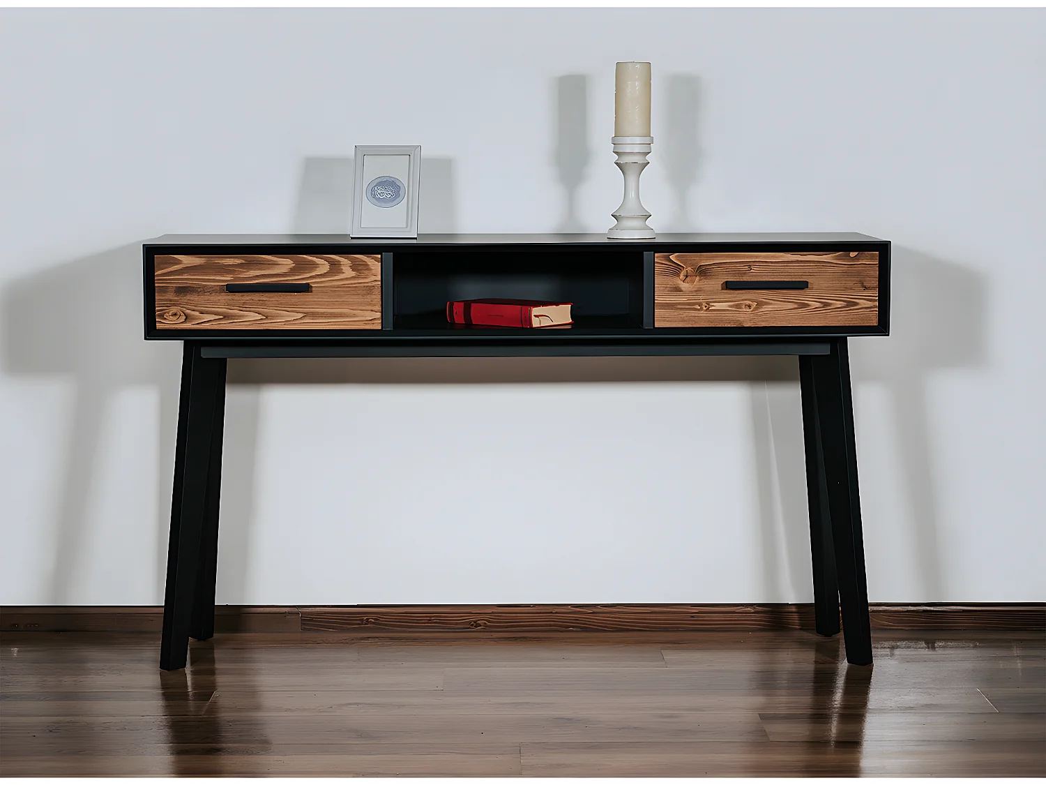 Consola 2 gavetas Nostalgie preto e madeira 80cm