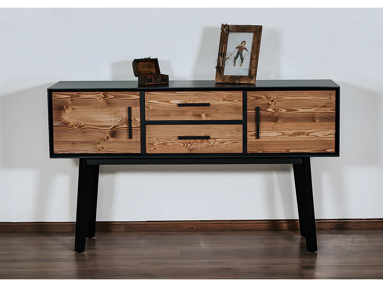 Console 2 portes 2 tiroirs Nostalgie - Noir et bois
