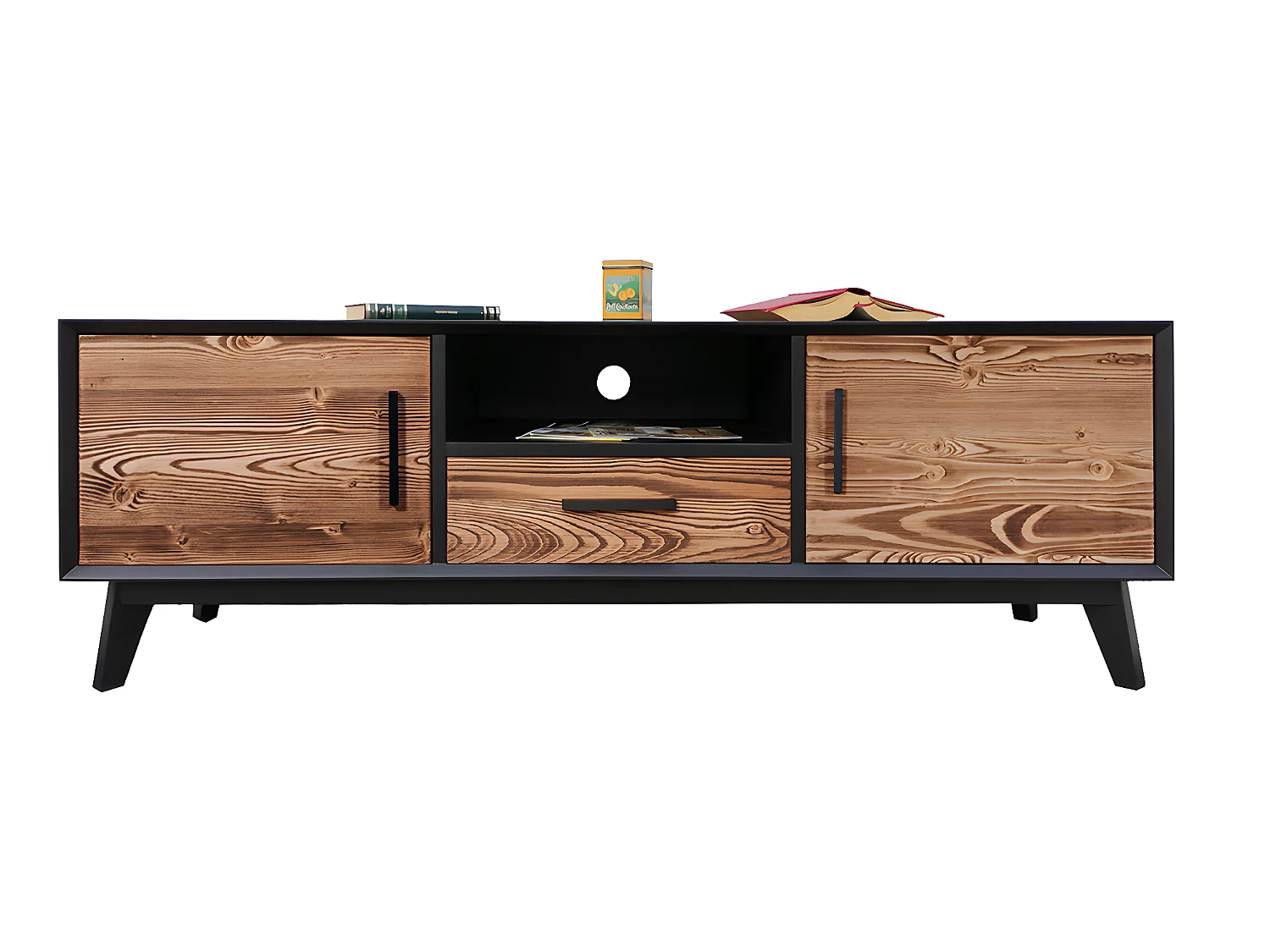 Móvel TV 2 portas 1 gaveta Nostalgie preto e madeira 146cm