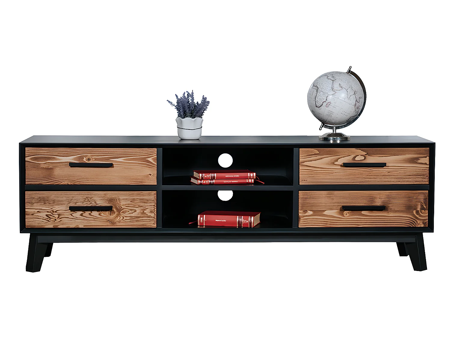 Meuble TV 4 tiroirs 1 niche Nostalgie - Noir et bois