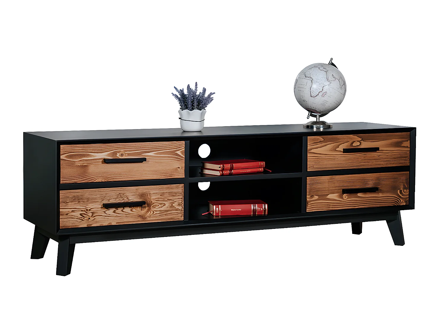 Meuble TV 4 tiroirs 1 niche Nostalgie - Noir et bois