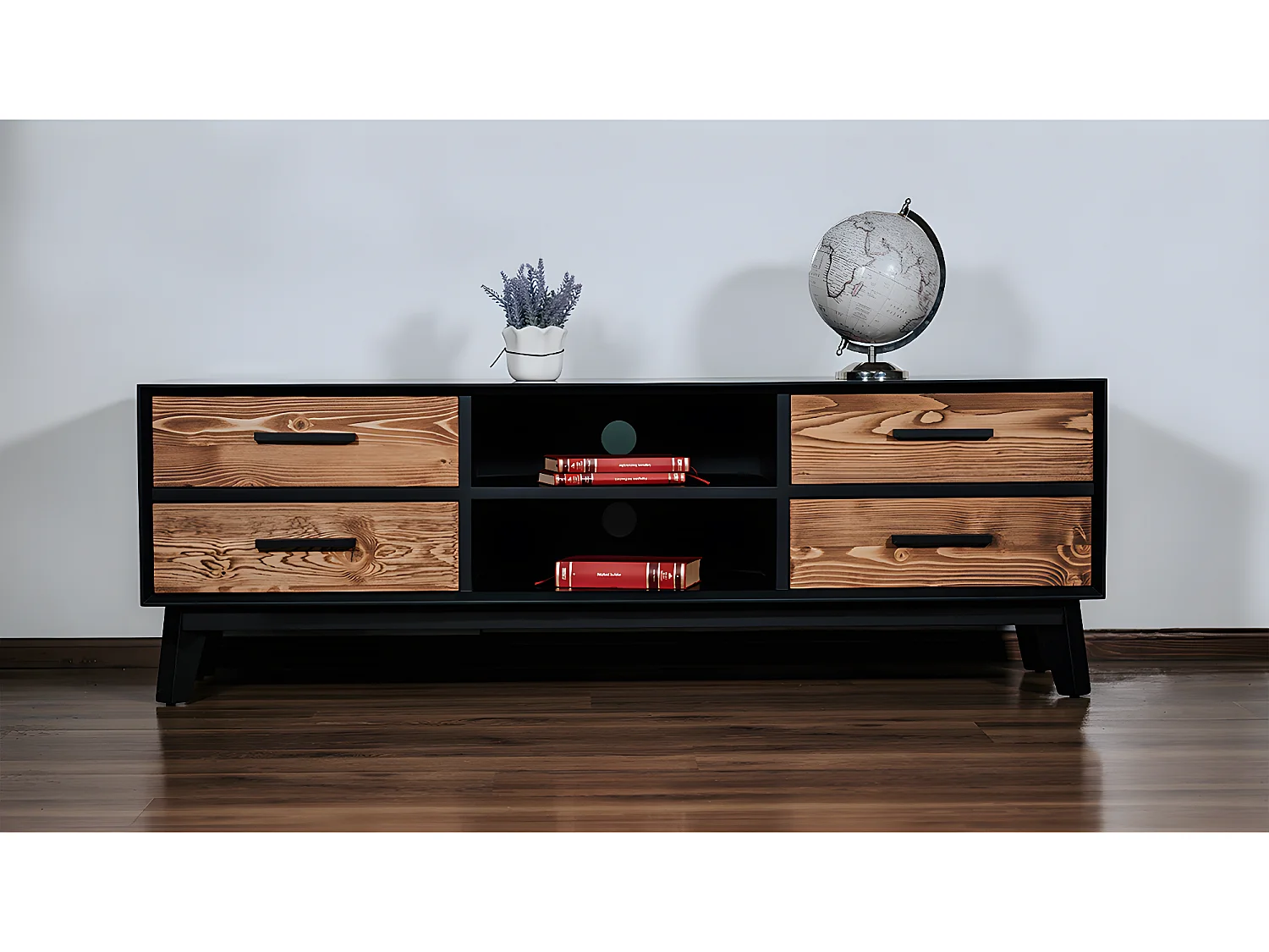 Meuble TV 4 tiroirs 1 niche Nostalgie - Noir et bois