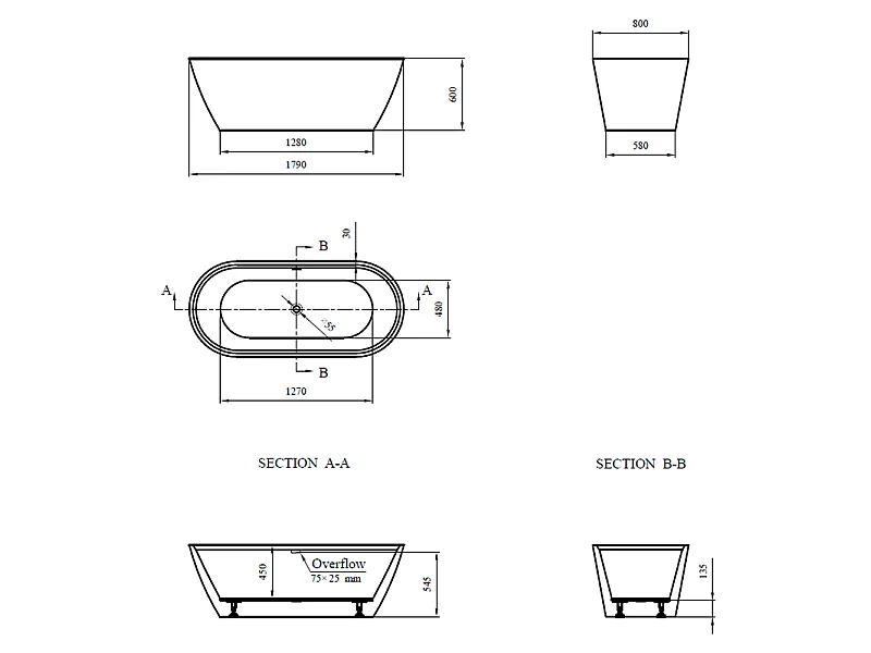 Freistehende Badewanne CHICAGO 180 cm
