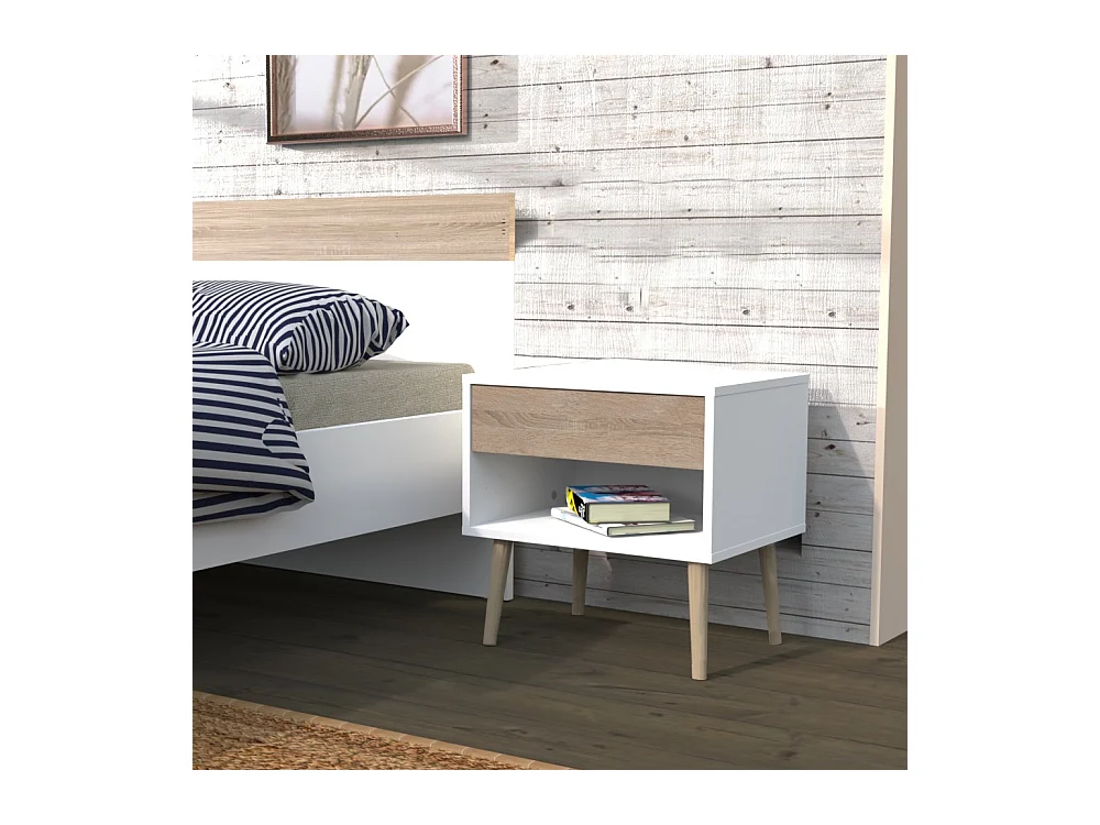 Chevet 1 tiroir CAMPER / Décor Blanc & chêne blanchi