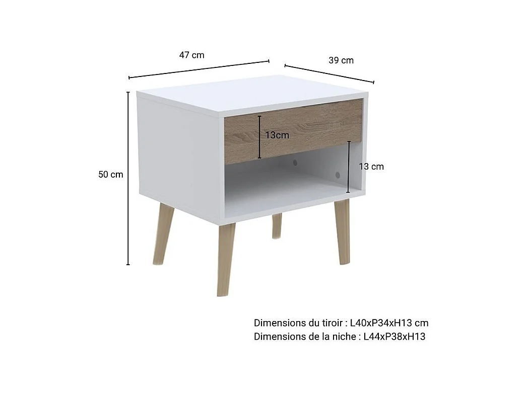 Chevet 1 tiroir CAMPER / Décor Blanc & chêne blanchi