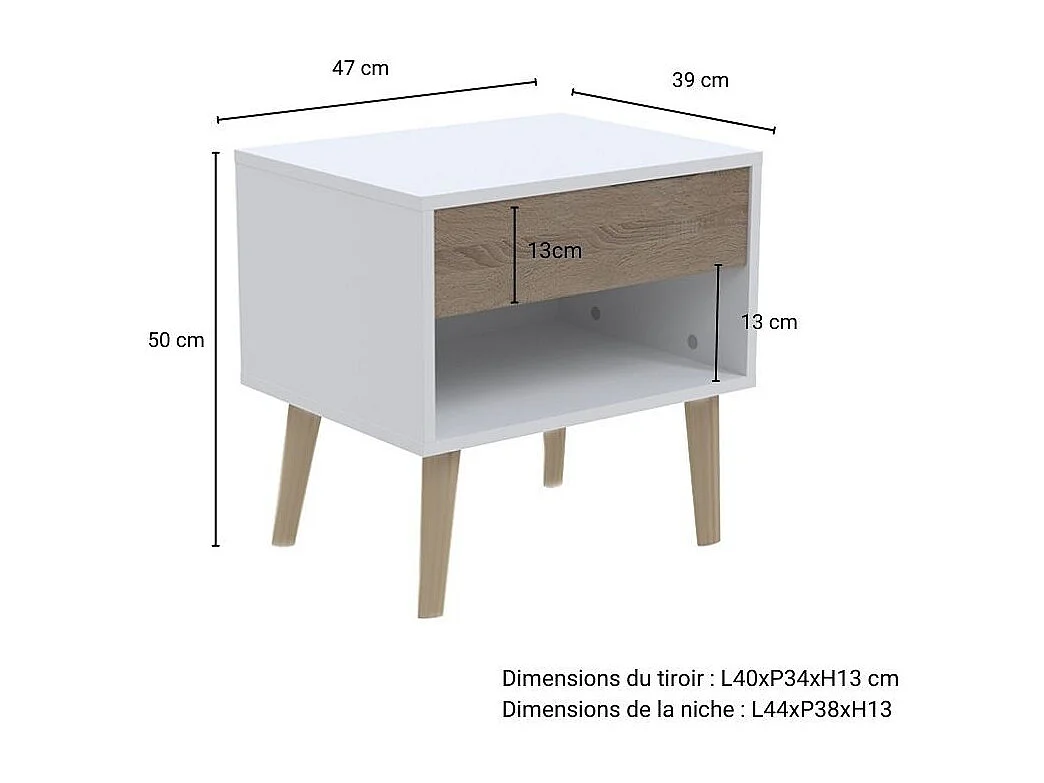 Chevet 1 tiroir CAMPER / Décor Blanc & chêne blanchi