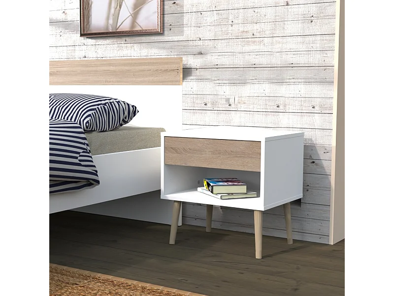 Chevet 1 tiroir CAMPER / Décor Blanc & chêne blanchi
