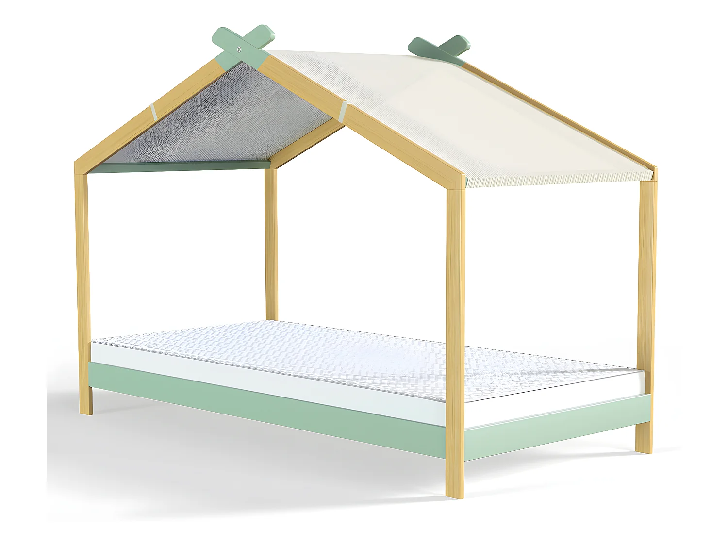 Ensemble lit cabane 90x190 en pin massif vert avec sommier Charly + matelas mousse Confort Kids